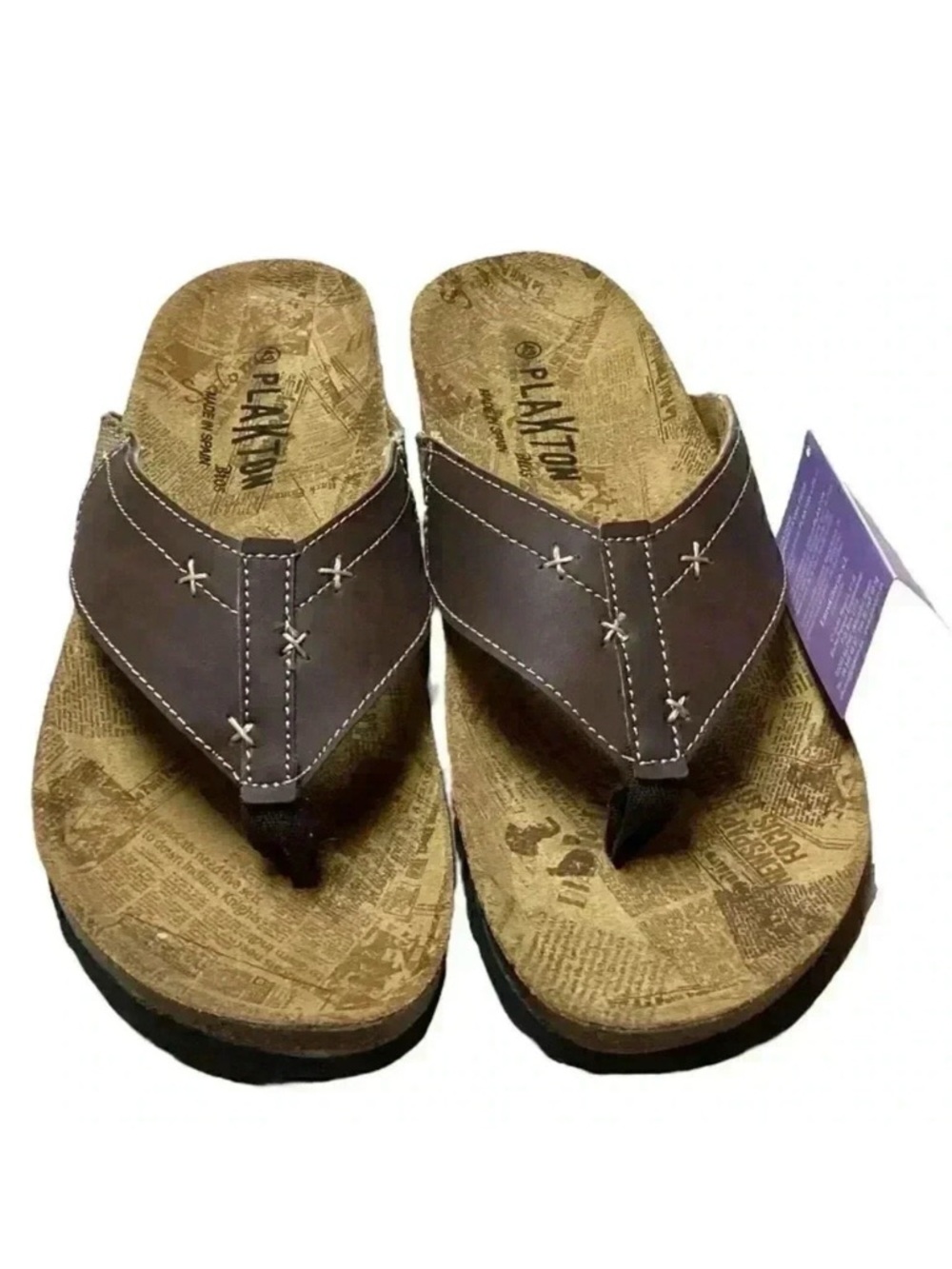 Plakton Women 10.5 43 Leather Cork Flat Thong Slide Sanals Brown Embroidery NEW - Picture 2 of 7